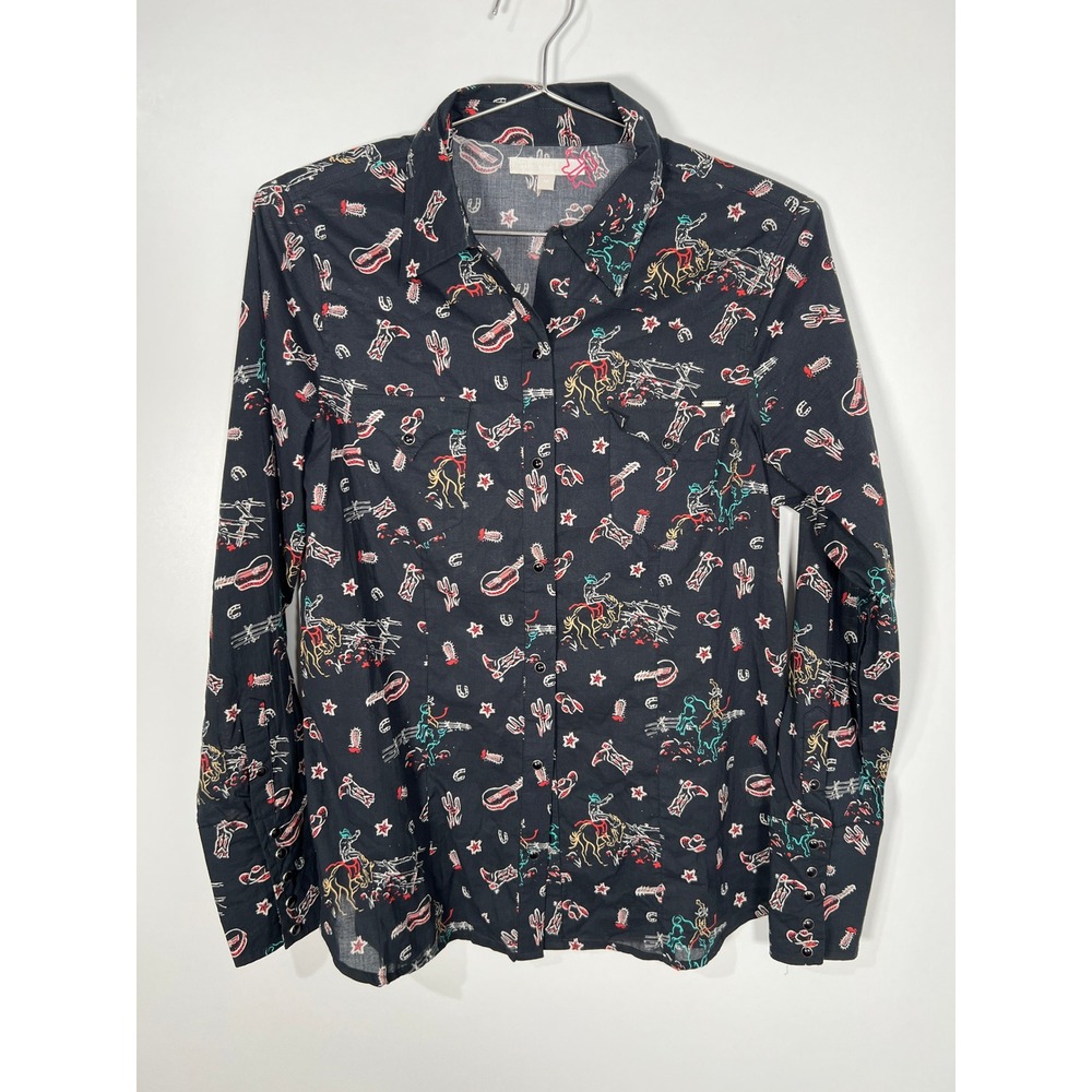 Tin Haul Neon Western Print Cotton Black Long Sleeve Button Down Shirt Rodeo